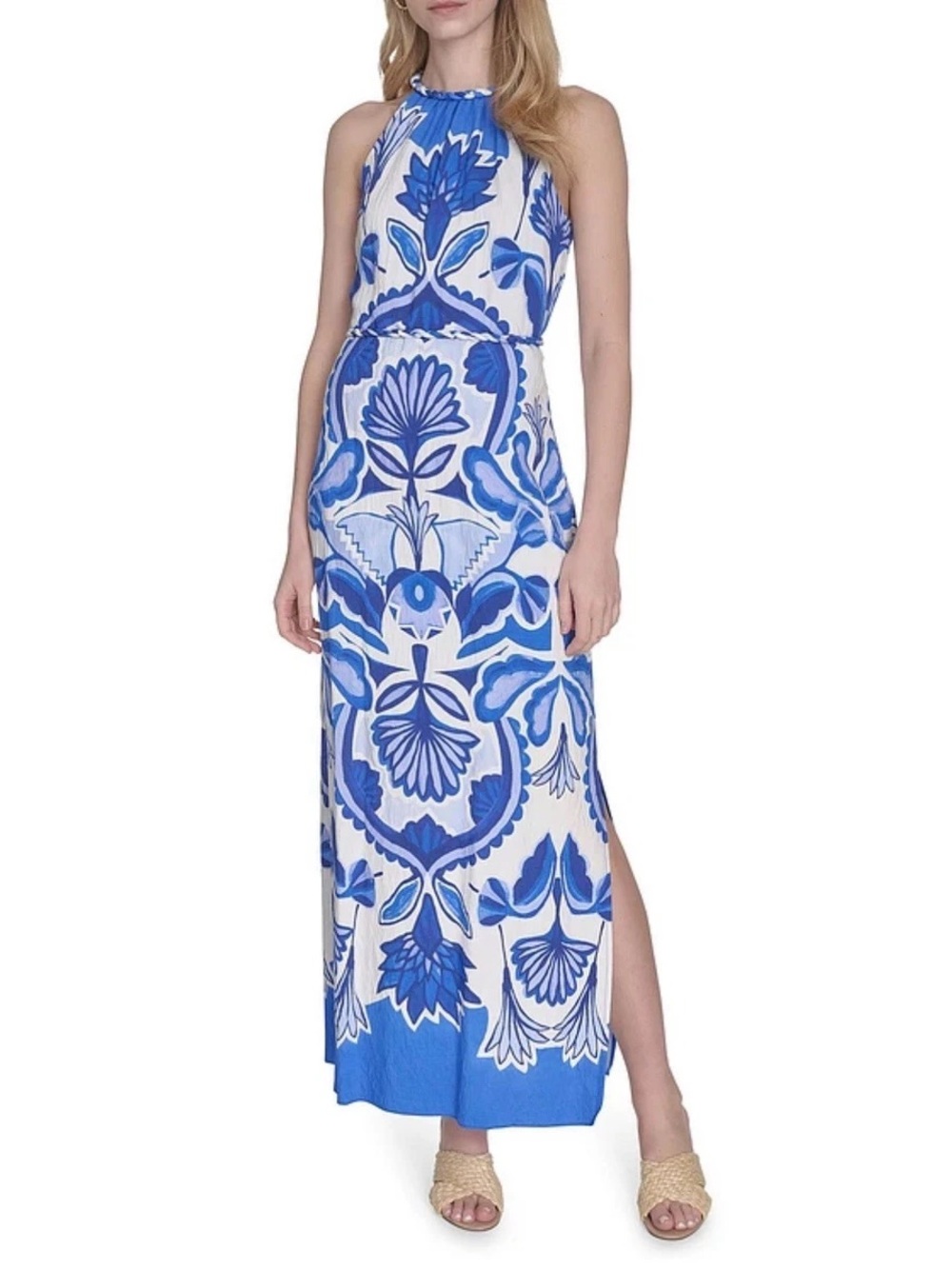 Vince Camuto blue-and-white patterned halter maxi dress